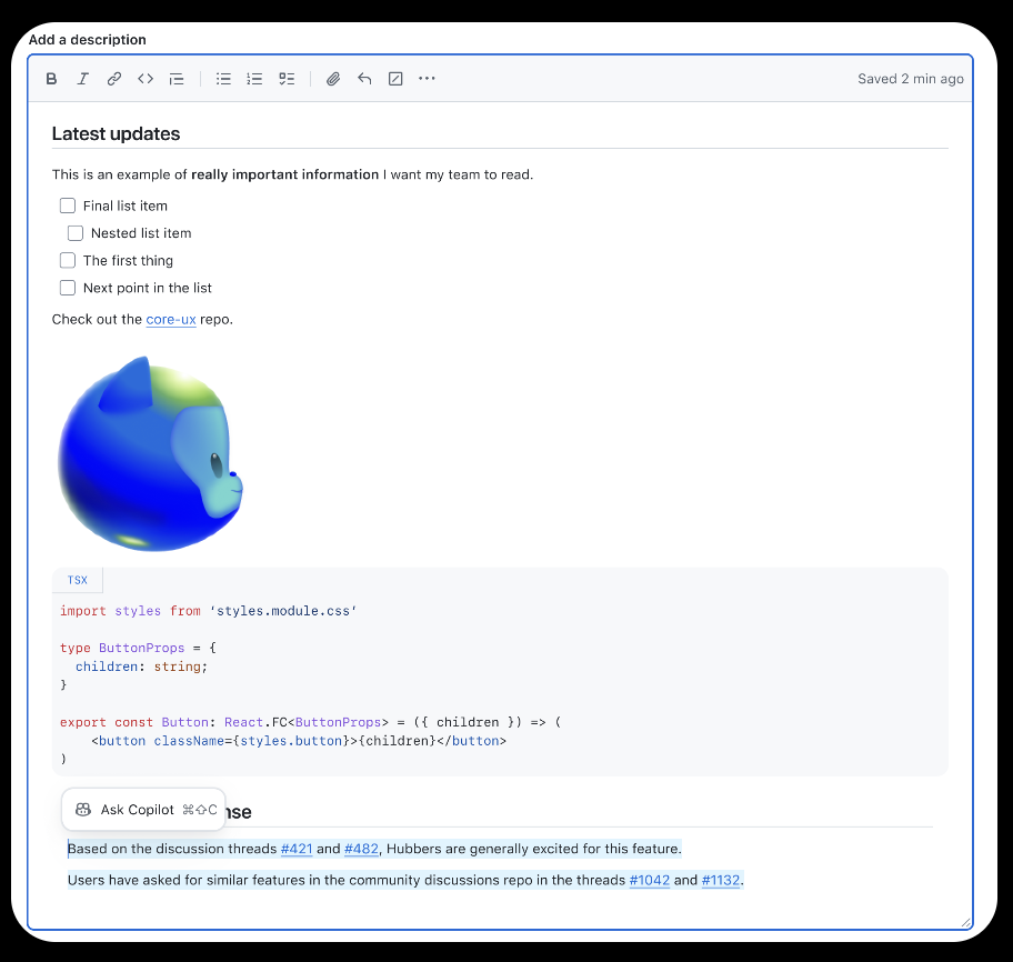 GitHub markdown editor with Copilot